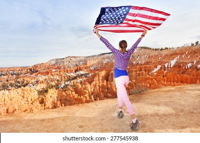 Woman Holding US Flag, Bryce Canyon National Park