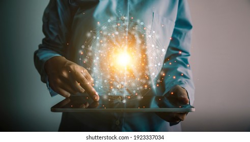 Woman holding and using digital tablet global network connection, communication and technology concept.