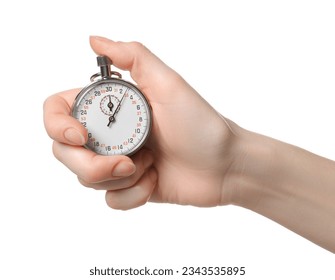 Woman holding vintage timer on white background, closeup - Powered by Shutterstock