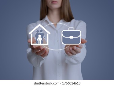 Woman Holding Virtual Icons Against Grey Background, Closeup. Concept Of Balance Between Life And Work