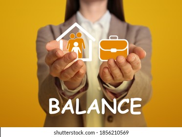 Woman Holding Virtual Icons Against Yellow Background, Closeup. Concept Of Balance Between Life And Work