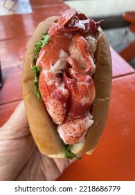 A Woman Holding A Warm, Connecticut Style Lobster Roll.