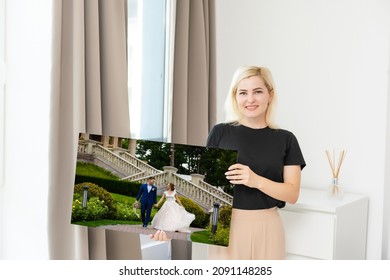 Woman Holding Wedding Photography Photo Canvas Print With Gallery Wrap.