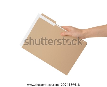 Woman holding yellow file with documents on white background, closeup