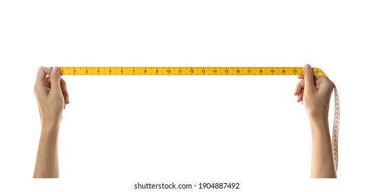 Woman holding yellow measuring tape on white background, closeup
