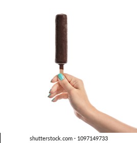 Woman Holding Yummy Ice Cream On White Background. Focus On Hand