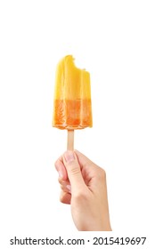 Woman holds bitten yellow ice cream on white background isolated. Color frozen fruit popsicle.