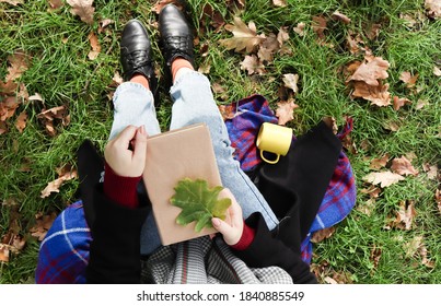 A Woman Holds A Closed Book Lying On Her Lap With A Fallen Oak Leaf In A Park On A Sunny Warm Autumn Day On A Green Meadow. The Concept Of Relaxation, Reading And Relaxation Alone. Top View, Flat Lay.