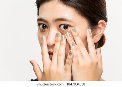 The woman holds her eyelids with her fingers. - Shutterstock ID 1847804338