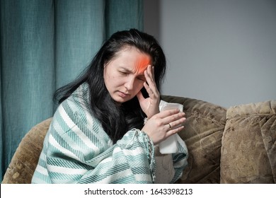 Woman Holds Her Hand Over Her Head. Headaches In Woman