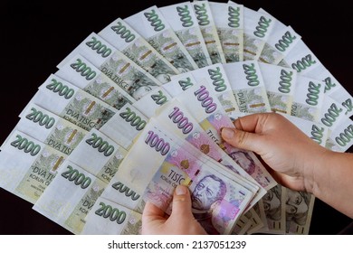 A woman holds in her hands a Czech monetary crown with a face value of one thousand against the background of two thousand crowns. European currency.
