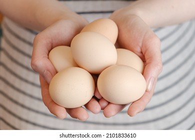 Woman holds large chicken eggs in her palms. Farm chicken eggs produced in our own chicken coop. Diet fresh product.
