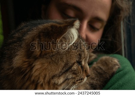 A woman holds a long haired Tabby Cat in her arms by a window inside