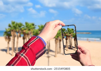 Woman holds a mobile phone and taking pictures of palm trees on a sandy beach on the Mediterranean coast of Tel Aviv, Israel. People use a smartphone to take photo - Powered by Shutterstock