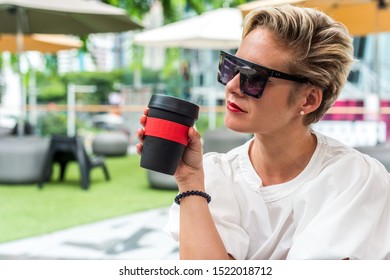 Woman Holds Reusable Eco Friendly Coffee Tea Cup Mug Concept