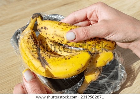 Woman holds a rotten, overripe bananas. A bunch of very overripe bananas in a plastic transparent package