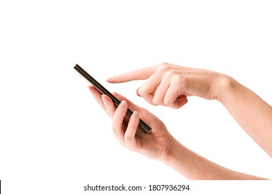 woman holds a smartphone in her hands and clicks on the screen. isolated white background