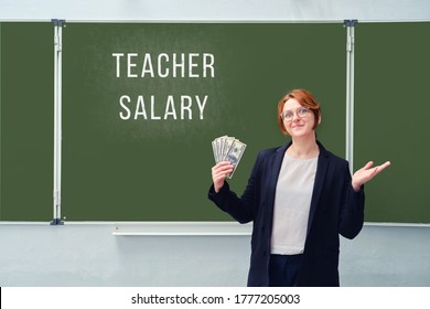 A Woman Holds Us Dollars At A Blackboard With The Text 