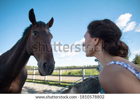 The woman and the horse look at each other. Concept of acquaintance, trust