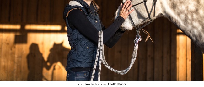 Woman with a horse in a stable - Powered by Shutterstock