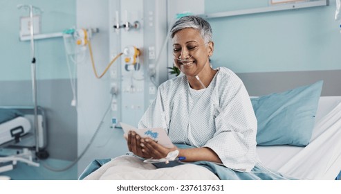 Woman in hospital with get well soon card with good news with ventilation tube for oxygen, medical service and care. Healthcare, happy and mature person smile for surgery recovery, wellness and resul - Powered by Shutterstock