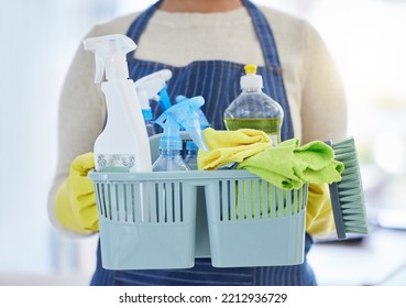 Woman, Housekeeping Products And Cleaning Container For Home Cleaner Service, Office Maid And Worker. Zoom On Spray Bottle, Brush And Fabric Cloth For Home Spring Clean And House Hygiene Maintenance