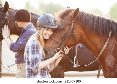 Woman Hugging Horse And Expressing Joy And Happines