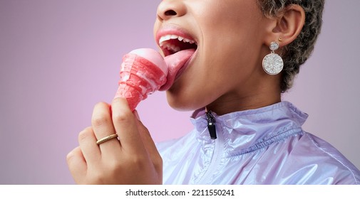 Woman, Ice Cream And Mouth While Eating Pink Dessert With Cone Against Studio Background. Model, Zoom And Lick Sorbet, Snack Or Gelato For Taste In Summer With Professional Backdrop In Los Angeles