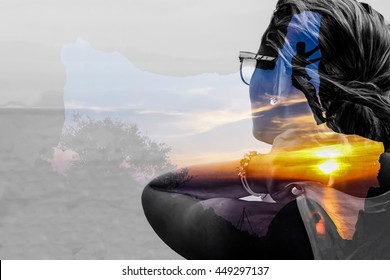 Woman imagination by using the program to included two images together.
