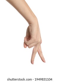 Woman imitating walk with hand on white  background, closeup. Finger gesture