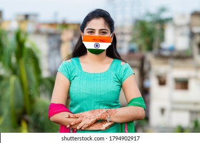 Woman With Indian Flag Mask.  Indian Flag Printed On Face Mask For Indian Independence Day.