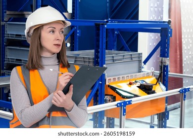 Woman industrial robotization engineer. Warehouse robots behind technologist. Woman contractor robotic distribution center. AMR with sorting boxes. Woman with clipboard in uniform with bad worker