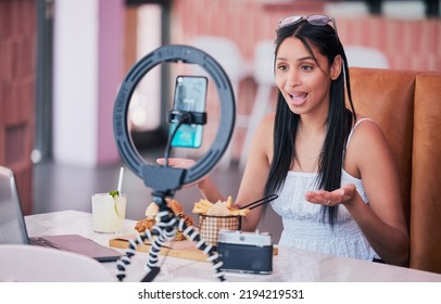 Woman Influencer, Food Review Blog And Content Creator Filming Online Video In Cafe Restaurant. Creative Live Streaming, Shooting 5g Web Vlog And Virtual Mobile Phone App Broadcast For Social Media