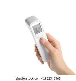 Woman with infrared thermometer on white background, closeup. Checking temperature during Covid-19 pandemic - Powered by Shutterstock