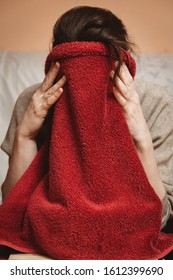 Woman Inhale Steam To Fight Flu, Covering Her Head With Read Towel.