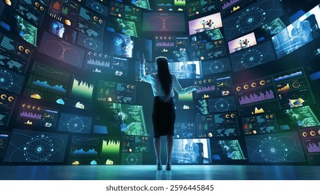 Woman interacting with curved digital screens displaying data analytics, global connections, cybersecurity metrics. Concept of big data analysis, artificial intelligence. Collage with 4 models