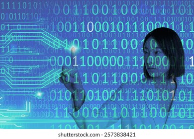 Woman interacting with digital binary code. Binary code surrounds the woman. Technology and binary code theme. Futuristic digital interaction with binary code. Woman image photography.