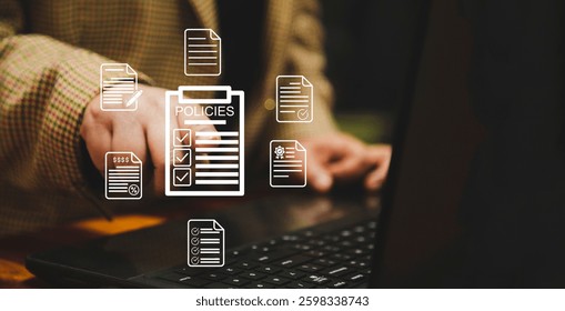 A woman interacting with a digital interface displaying various policy documents and checklists, symbolizing policy management, compliance, regulations, documentation, and organizational guidelines. - Powered by Shutterstock - Get 15% off with code: PIKWIZARD15