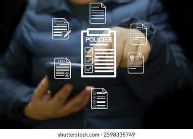 A woman interacting with a digital interface displaying various policy documents and checklists, symbolizing policy management, compliance, regulations, documentation, and organizational guidelines. - Powered by Shutterstock - Get 15% off with code: PIKWIZARD15