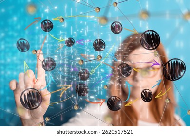 Woman Interacting with Digital Network Data Visualization