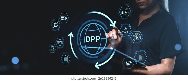 Woman interacting with digital product passport interface, futuristic HUD style on dark background, concept of traceability and key data access
