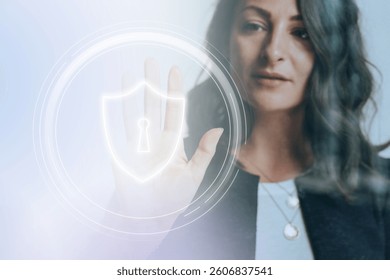 Woman interacts with digital security interface. Security concept, a woman using technology. Focus on digital security and technology use. Innovative technology, digital security technology concept.