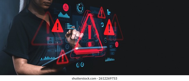 Woman interacts with digital warning interface, futuristic style, on dark background. Concept of cybersecurity alert, hacking, or system failure warning