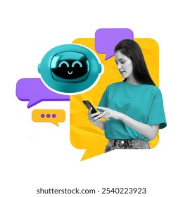 A woman interacts with her mobile phone, chatting with a friendly robot icon. Colorful speech bubbles in the background. Concept of online assistance - Powered by Shutterstock - Get 15% off with code: PIKWIZARD15