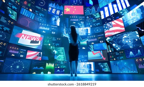 Woman interacts with a vast wall of glowing digital screens displaying diverse global information including news, flags, charts, and data visualizations. Concept of global market analysis, business