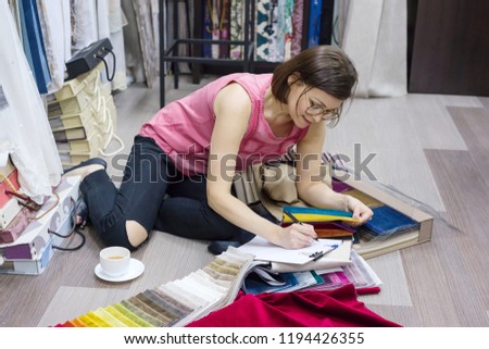 Woman Interior Designer Works Samples Fabrics Stock Photo