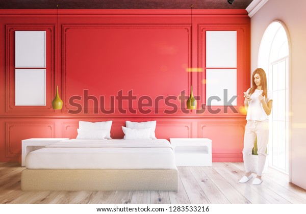 Woman Interior Master Bedroom Red White Stock Photo Edit