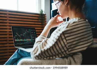 Woman Investing In World Stock Market, Using Her Laptop And Online Trading Soft From Home