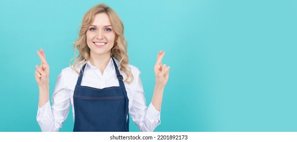 Woman Isolated Face Portrait, Banner With Mock Up Copy Space. Happy Female Barista. Professional Cook. Cheerful Girl Chef. Restaurant Staff.