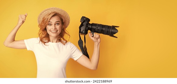 Woman isolated face portrait, banner with mock up copy space. glad woman in straw hat photographing. girl hold photo camera. - Powered by Shutterstock